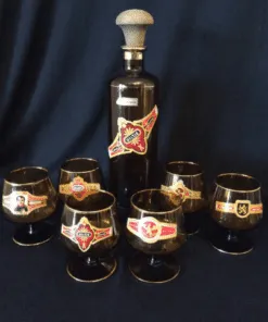 1950s snifters and decanter set, Cigar Band motif, Amber glass with Gold trim, Bourbon, Brandy, Cognac, Bar Ware, glass ware, From Spain