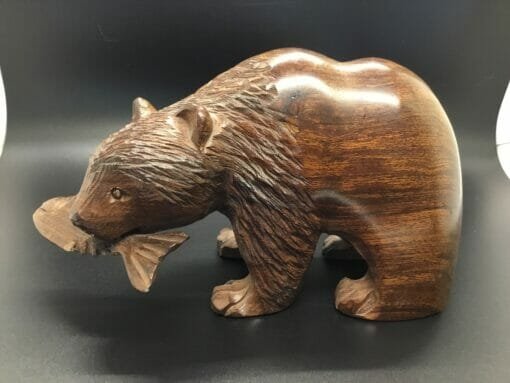 Hand Carved Ironwood Grizzly Bear with Catching a Fish - Image 2