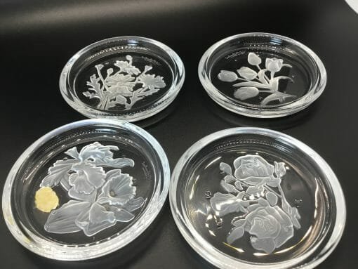 Vintage Val St Lambert - Crystal Flowered Coasters - Clear Embossed Flower beverage holders made of Crystal