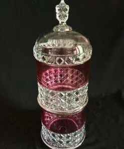 1873 Ripley Ruby Stained MASCOTTE Pyramid Storage Jar RARE- 3 piece set Dominion- Minor Block pattern- Apothecary Ruby Jar with Lid