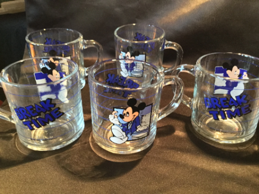 Vintage Mickey Mouse -"Break Time" Glass Coffee Mugs SET - Walt Disney Hot Chocolate/ Tea / Juice /  Beverage cup - Image 3