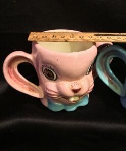 Vintage 70's /80's Easter Bunny Mugs- set of two Pink/Blue Easter drink ware- 3D Bunny mugs with ears as handles