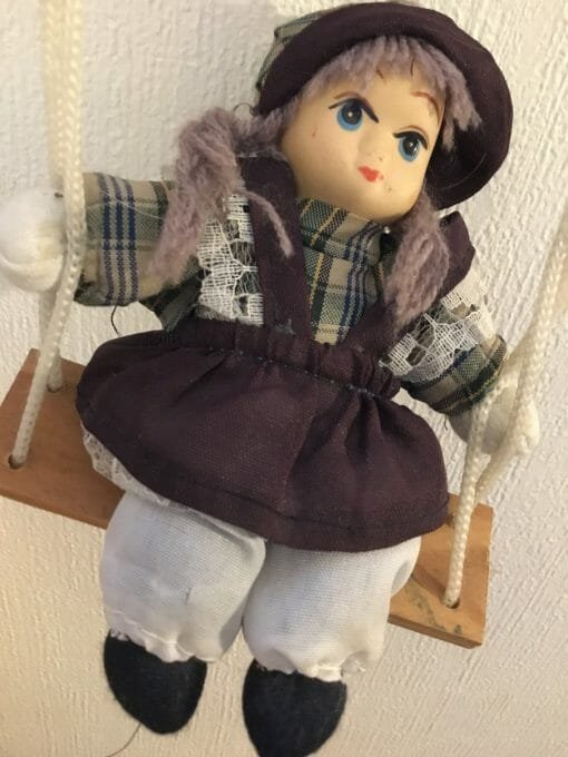 Vintage Smiling Doll Miniature  on a Swing Hand-painted Ceramic Face  Collectible Doll -Wall Hanging decoration