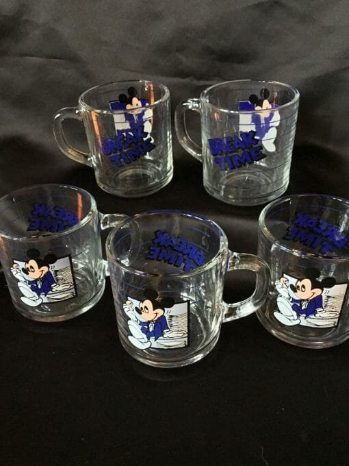 Vintage Mickey Mouse -"Break Time" Glass Coffee Mugs SET - Walt Disney Hot Chocolate/ Tea / Juice /  Beverage cup