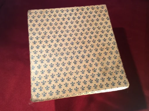 Rare antique dragon knives – full view of closed fleur-de-lis patterned box, top-down angle