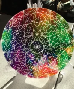 Close-up of symmetrical sacred geometry over vibrant color field