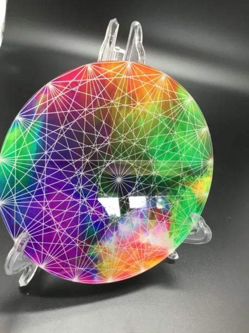 Tilted view of colorful charger plate reflecting white light in studio setting 01