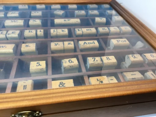 Close-up showing numbers, symbols, and alphabetical stamps in case